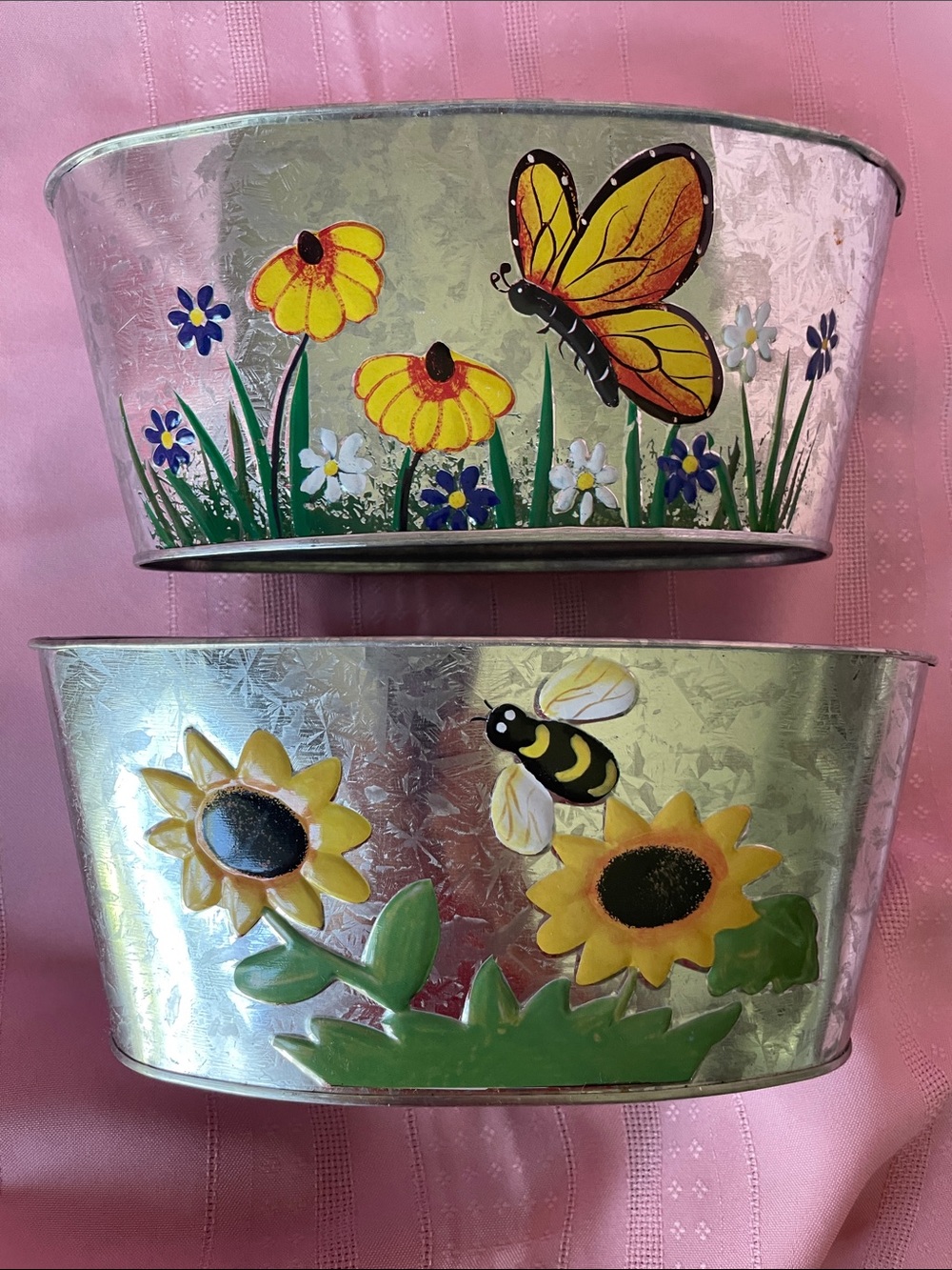 Decorative Metal Planter Set with Yellow Floral & Butterfly Accents